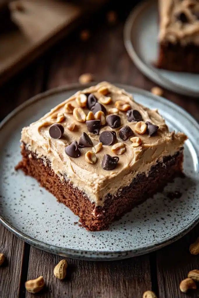 Close-up of a delicious peanut butter zucchini sheet cake with a creamy topping.