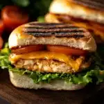 Close-up of delicious chicken breast burgers with fresh toppings on a clean white plate.