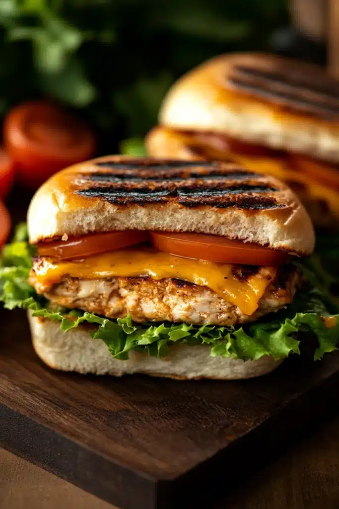 Close-up of delicious chicken breast burgers with fresh toppings on a clean white plate.