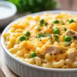 Close-up of a creamy tuna casserole with a golden crust, no bake required.