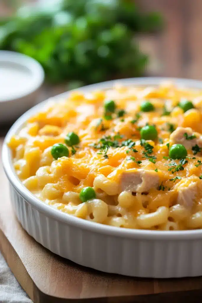 Close-up of a creamy tuna casserole with a golden crust, no bake required.