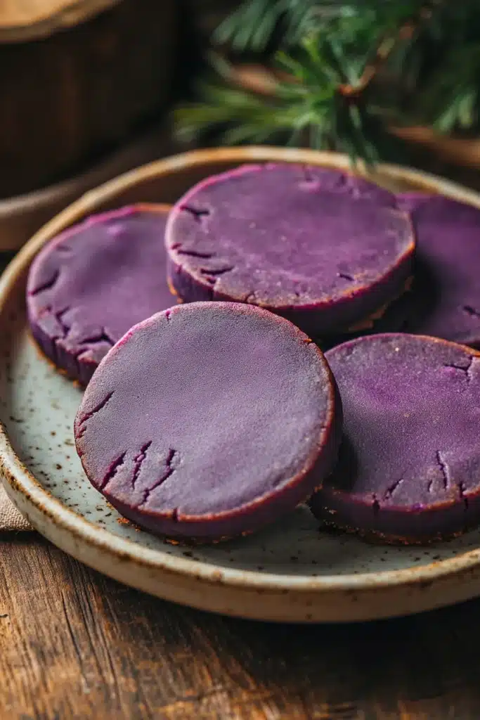 Close-up of ube shortbread cookies with a clean background