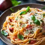 Close-up of creamy pasta dish with herbs, filling the frame with appetizing textures.