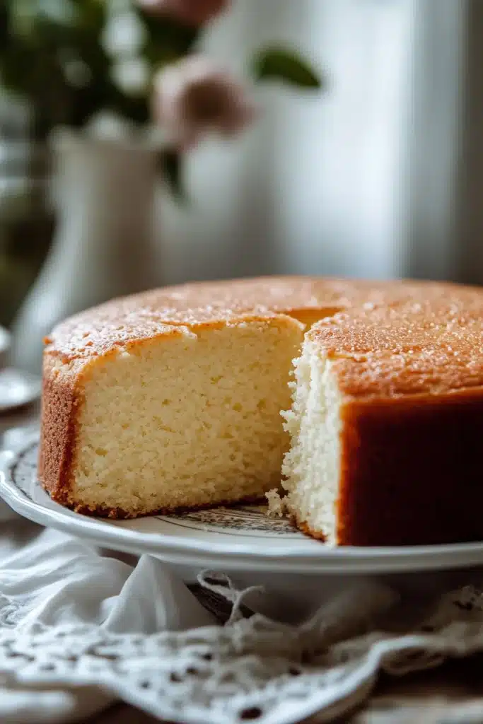 Close-up of a vanilla cake with creamy frosting in a bright kitchen by the sea.