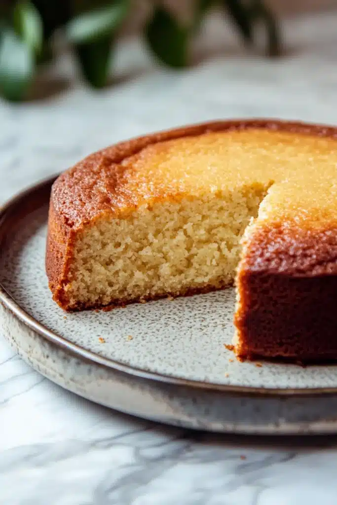 Close-up of a vanilla cake with no frosting, showcasing its texture and golden color.