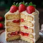 Close-up of a vanilla cake with strawberry filling, topped with fresh strawberries.