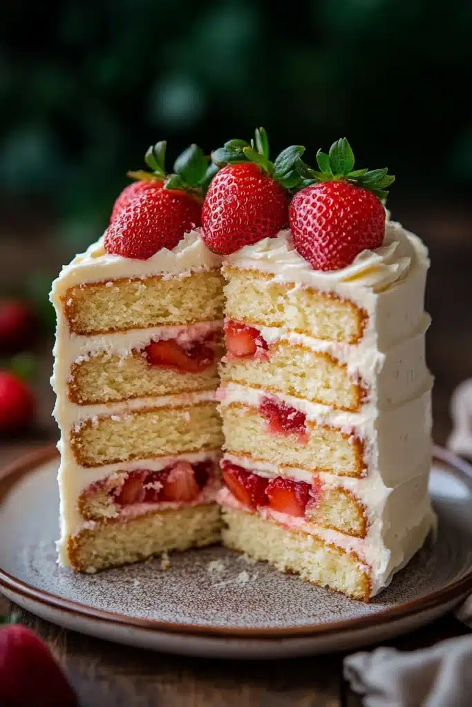 Close-up of a vanilla cake with strawberry filling, topped with fresh strawberries.