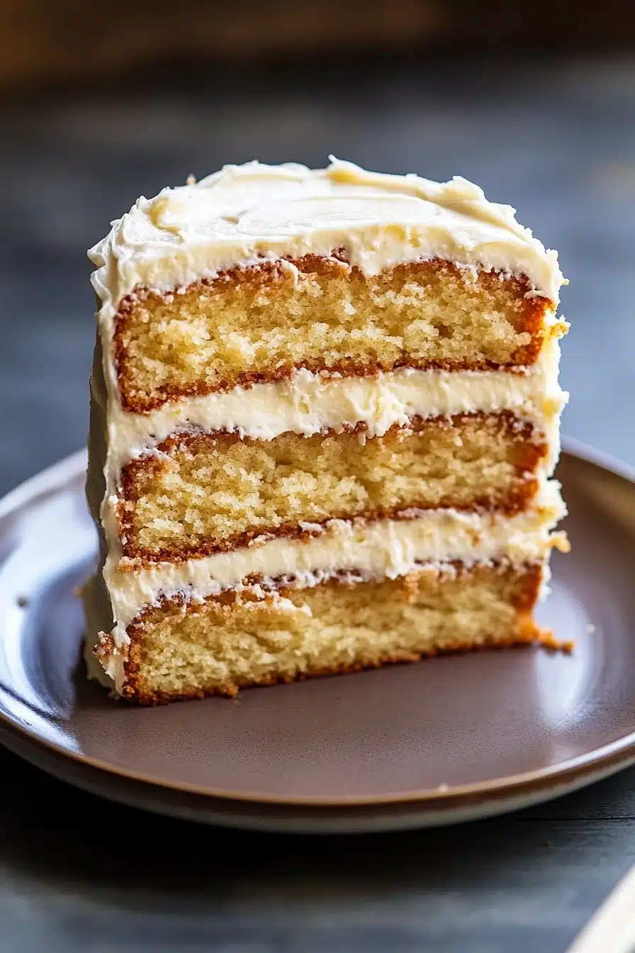 Close-up of a vanilla cake with filling, showcasing layers and creamy texture