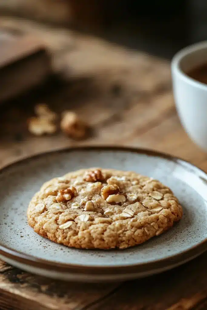 Close-up of a vanilla oatmeal latte cookie with warm lighting