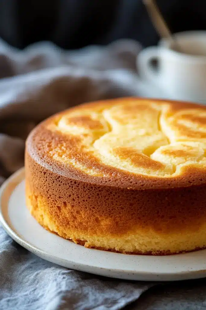 Close-up of a vanilla swirl cake with a smooth, creamy texture and golden swirls.