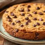 Close-up of a vegan peanut butter cookie cake with a smooth, creamy texture and golden brown color.