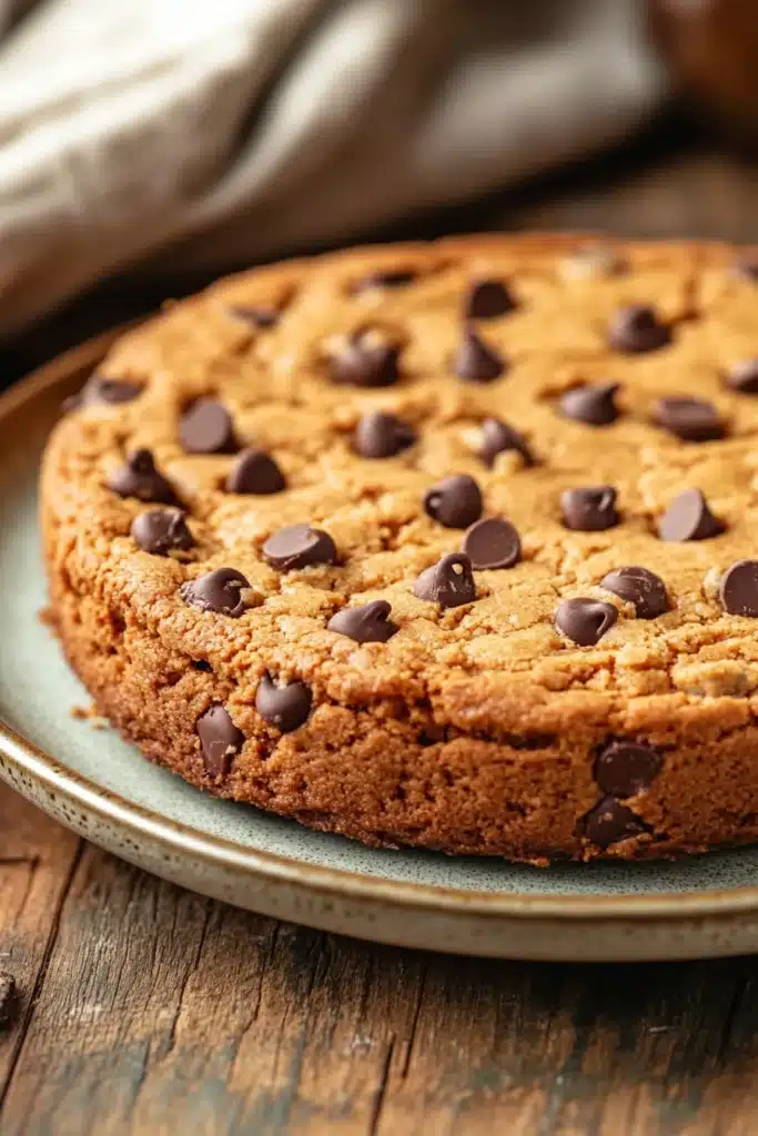 Close-up of a vegan peanut butter cookie cake with a smooth, creamy texture and golden brown color.