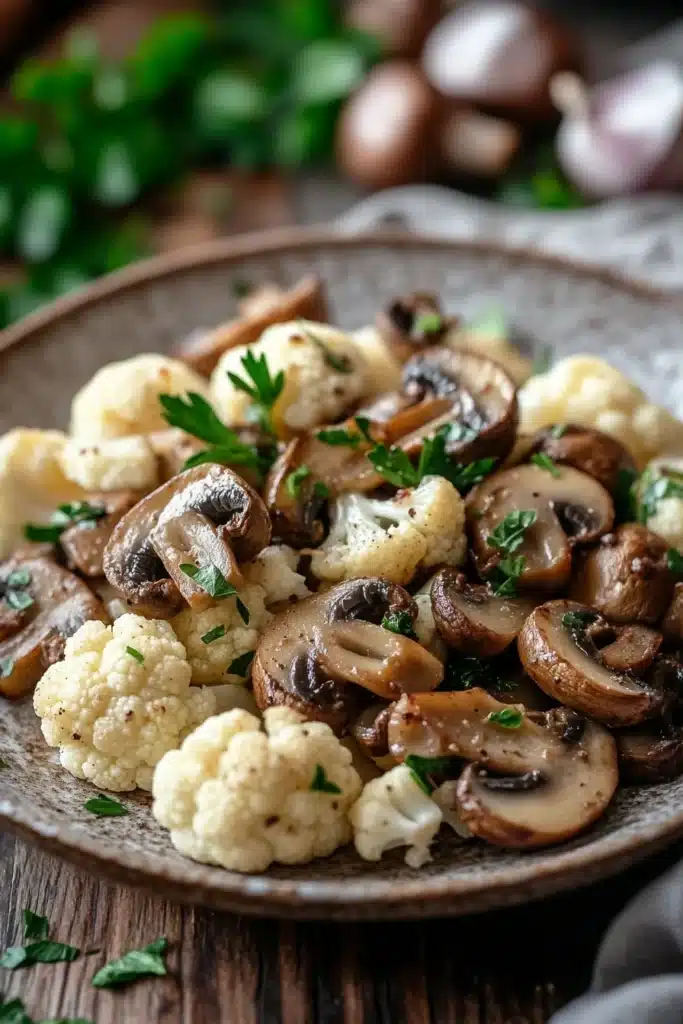 Close-up of a garlic mushroom cauliflower skillet with bright lighting and minimal background.