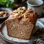 Close-up of zucchini bread with visible apple pieces on a clean background
