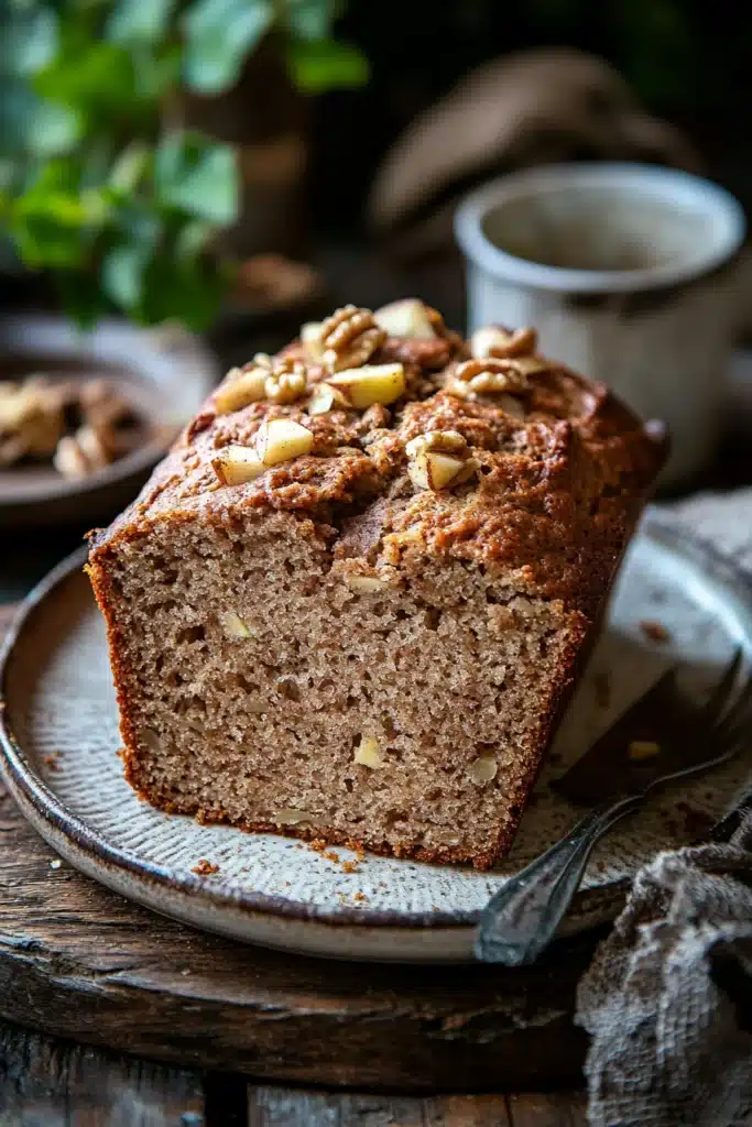 Close-up of zucchini bread with visible apple pieces on a clean background