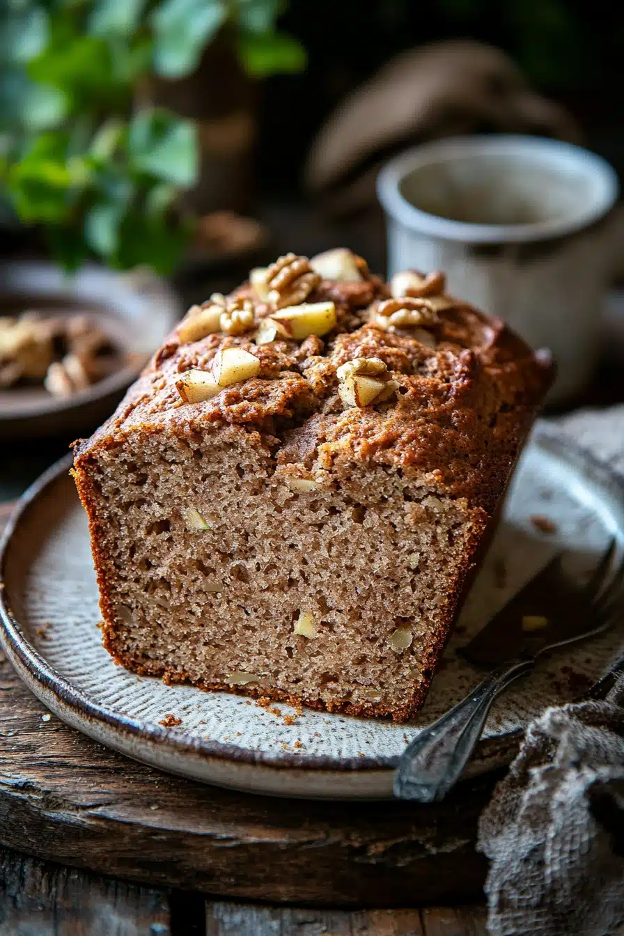 Close-up of zucchini bread with visible apple pieces on a clean background