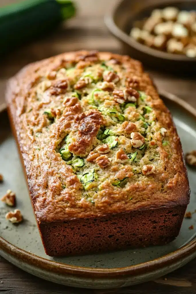 Close-up of freshly baked zucchini bread sourdough with a golden crust.