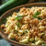 Close-up of zucchini bread with streusel topping on a wooden board