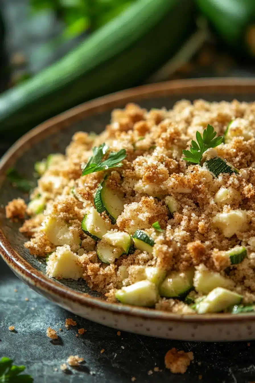 Close-up of zucchini bread with streusel topping on a wooden board