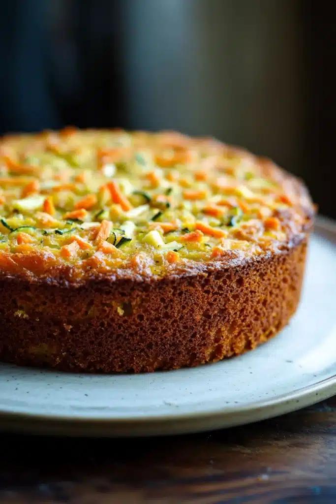 Close-up of zucchini carrot apple cake with a light, moist texture and visible ingredients.