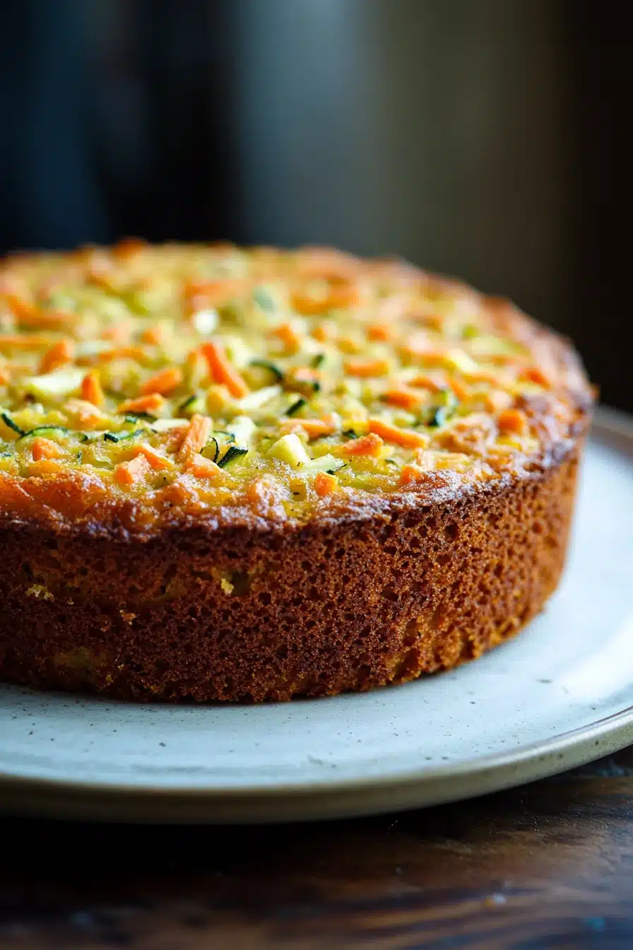 Close-up of zucchini carrot apple cake with a light, moist texture and visible ingredients.