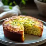 Close-up of zucchini lemon coffee cake with a light, crumbly texture and a hint of lemon zest.
