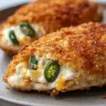 Close-up of air fryer jalapeno popper chicken breast with melted cheese and crispy edges.