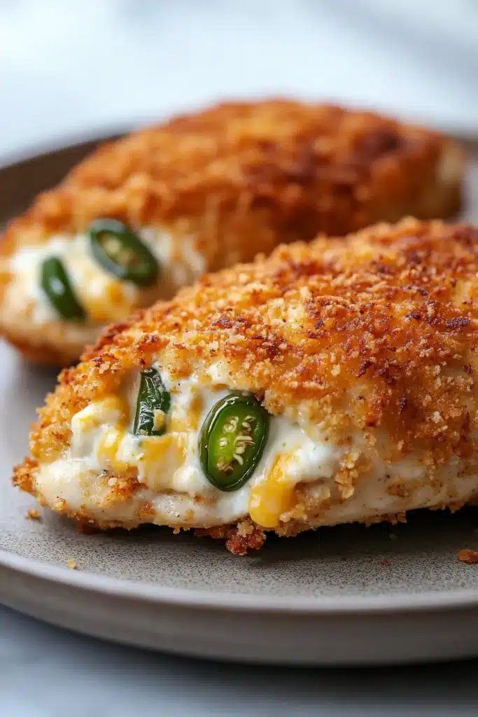 Close-up of air fryer jalapeno popper chicken breast with melted cheese and crispy edges.