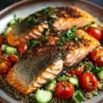 Close-up of air fryer salmon with quinoa, garnished with herbs on a white plate.