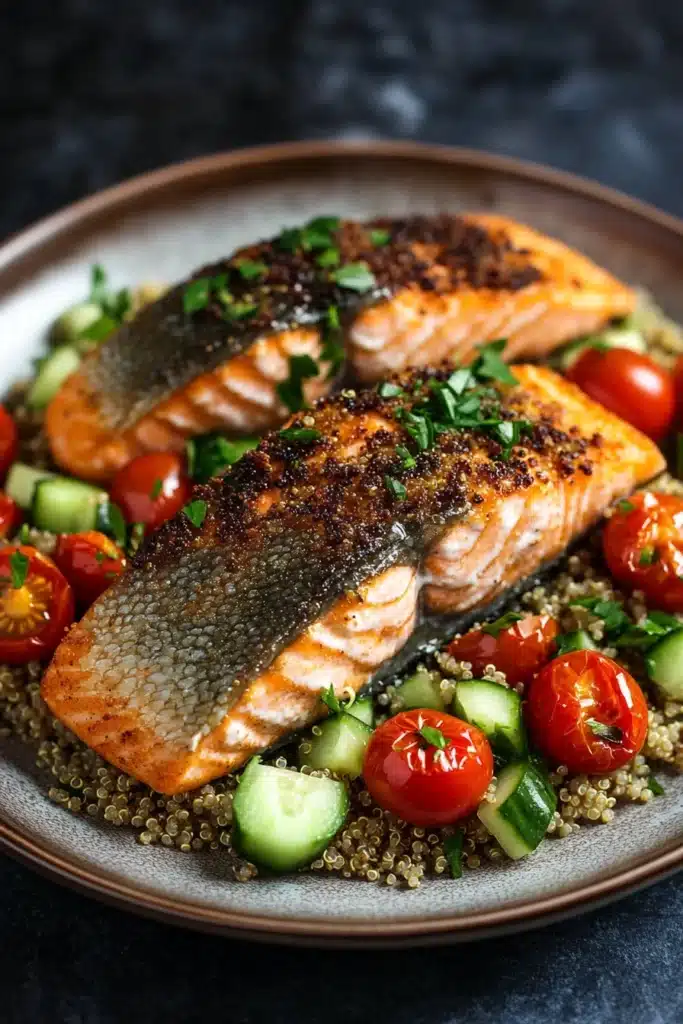 Close-up of air fryer salmon with quinoa, garnished with herbs on a white plate.