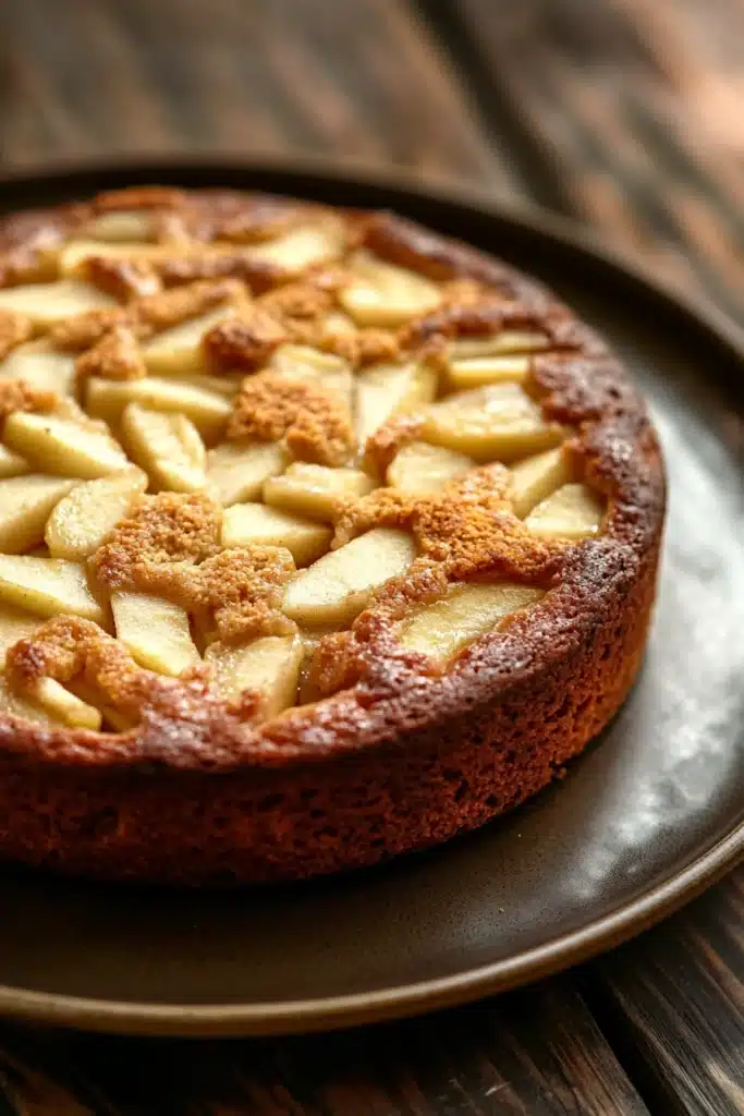 Close-up of a delicious apple cake with a golden crust, perfect for toddlers.