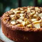Close-up of apple cake with applesauce, showcasing a moist texture and golden crust.
