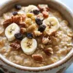 Close-up of banana bread oatmeal with slices of banana and nuts on top