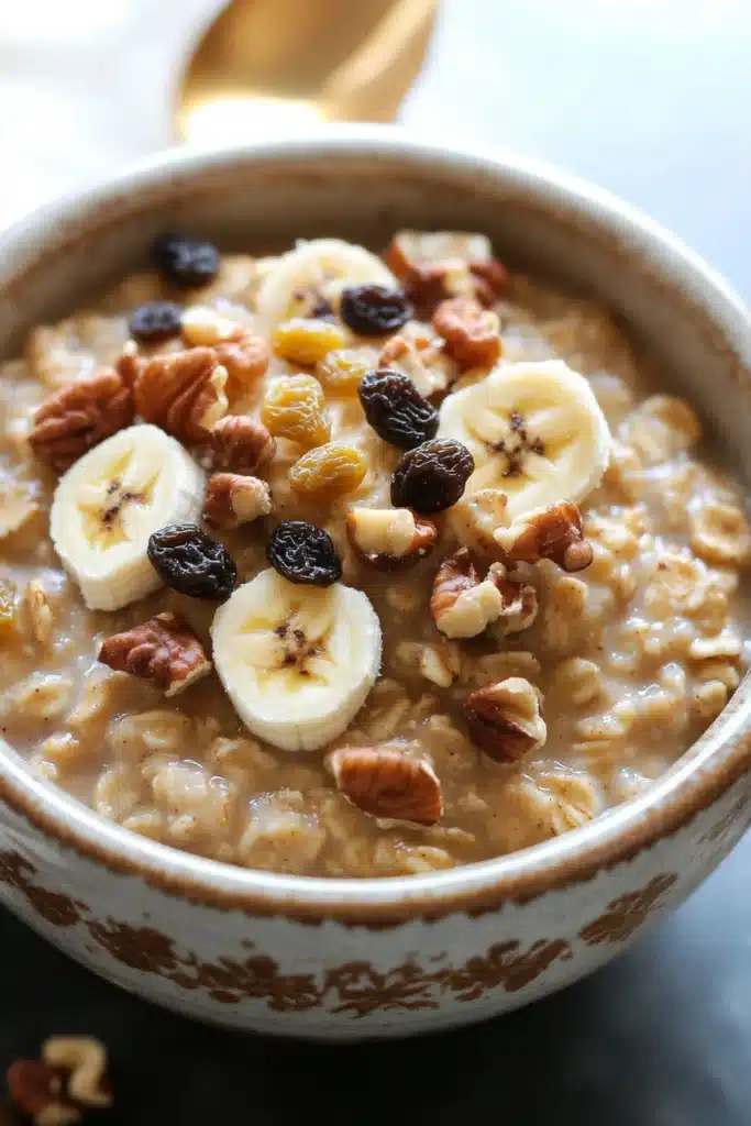 Close-up of banana bread oatmeal with slices of banana and nuts on top