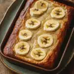 Close-up of a banana cake jelly roll pan with a golden crust and minimal background.