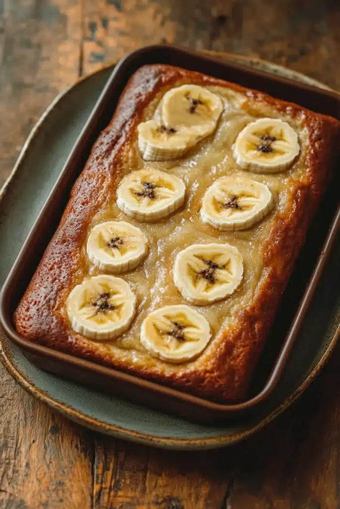 Close-up of a banana cake jelly roll pan with a golden crust and minimal background.