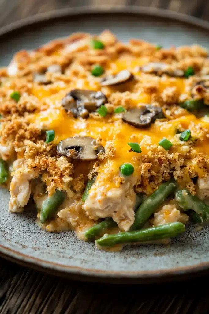 Close-up of chicken casserole with green beans in a warm, inviting setting.