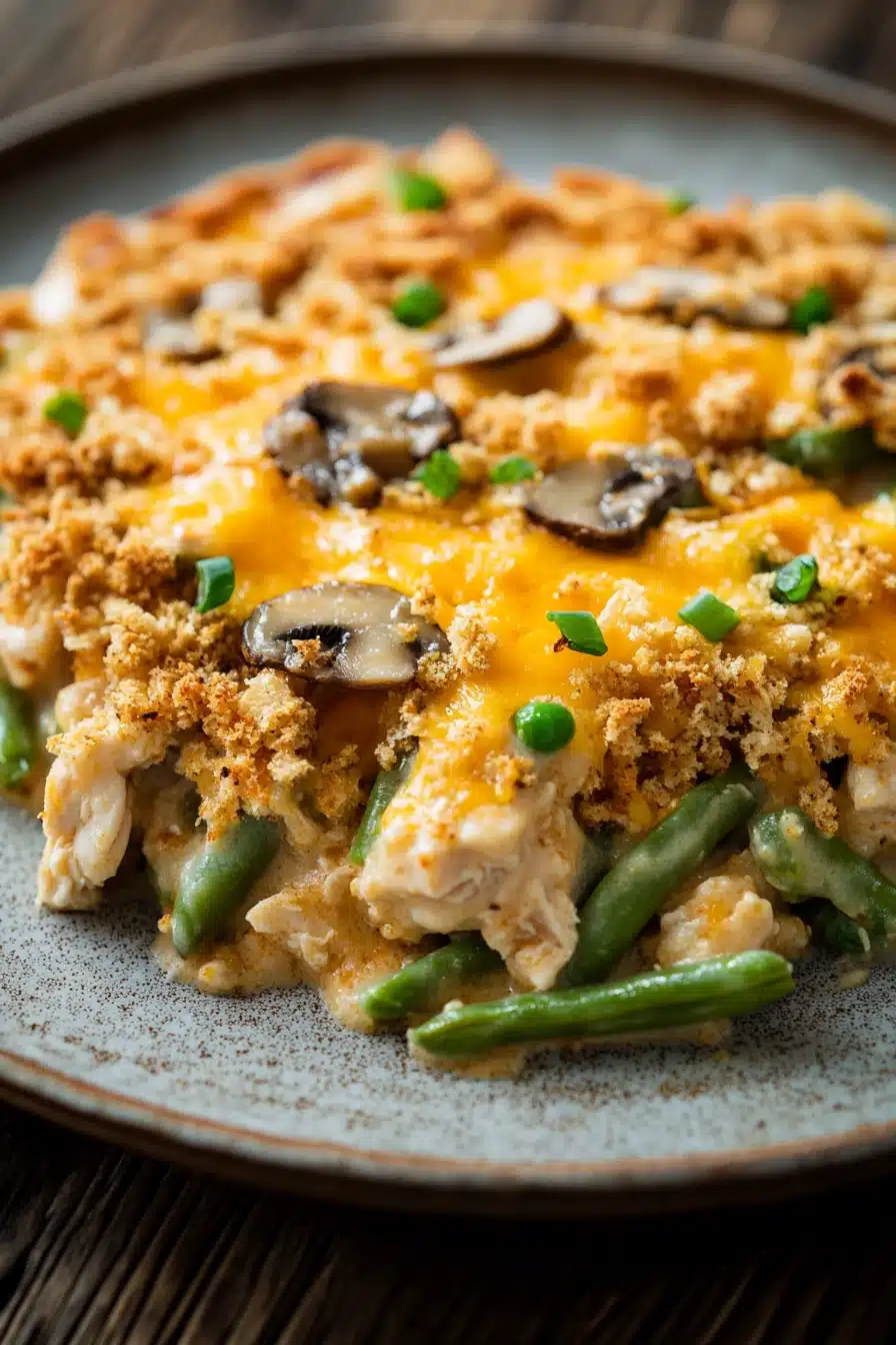 Close-up of chicken casserole with green beans in a warm, inviting setting.