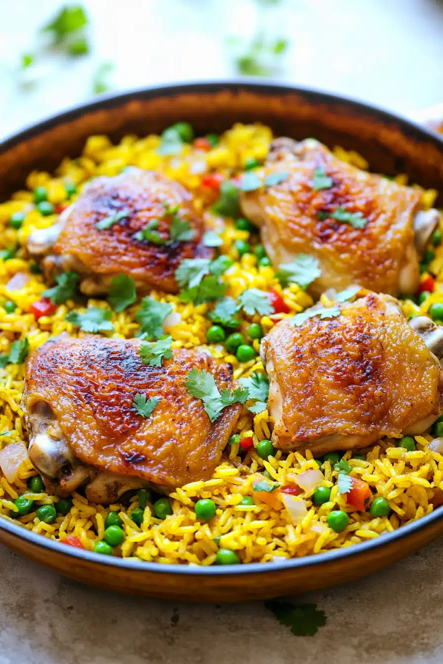 Close-up of a chicken yellow rice skillet with vibrant colors and appetizing presentation.