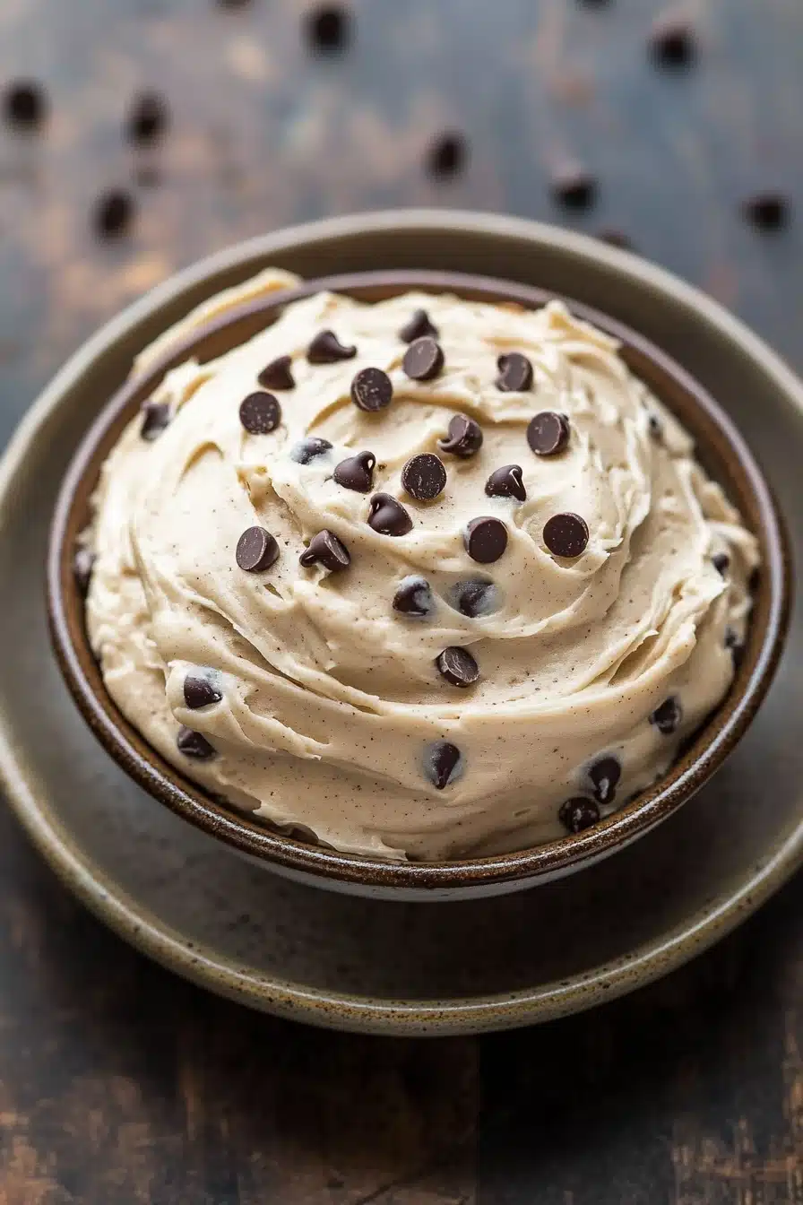 Close-up of chocolate chip cookie frosting with visible chocolate chips and creamy texture.