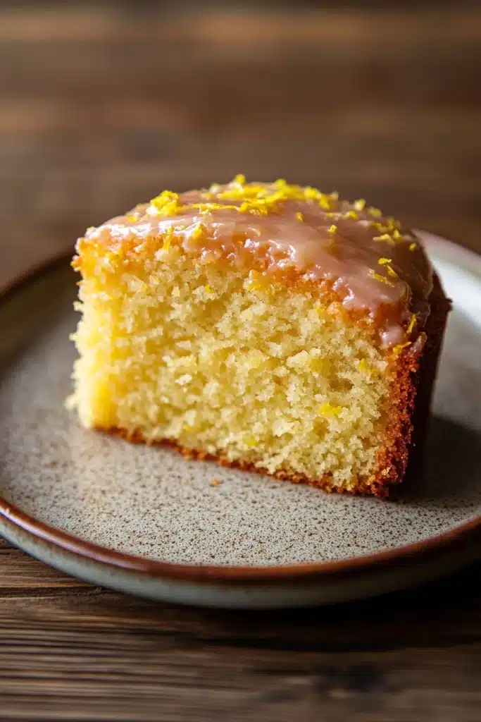 Close-up of a lemon cake slice with bright, natural lighting and minimal background.