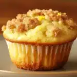 Close-up of lemon streusel muffins with a crumbly topping, bright and appetizing.