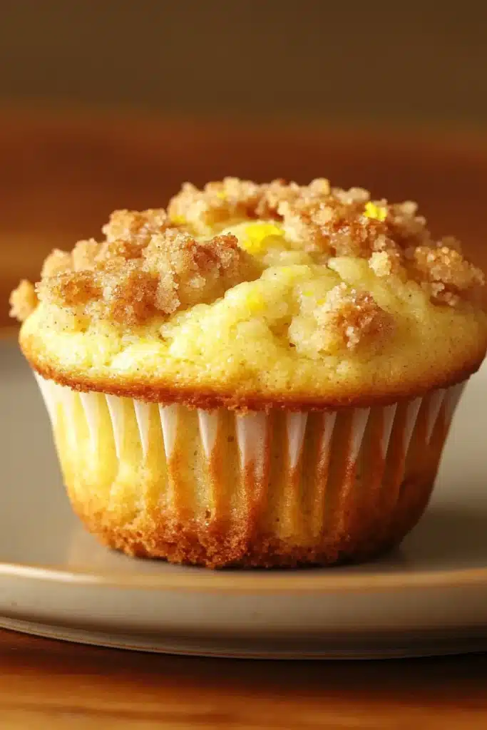 Close-up of lemon streusel muffins with a crumbly topping, bright and appetizing.