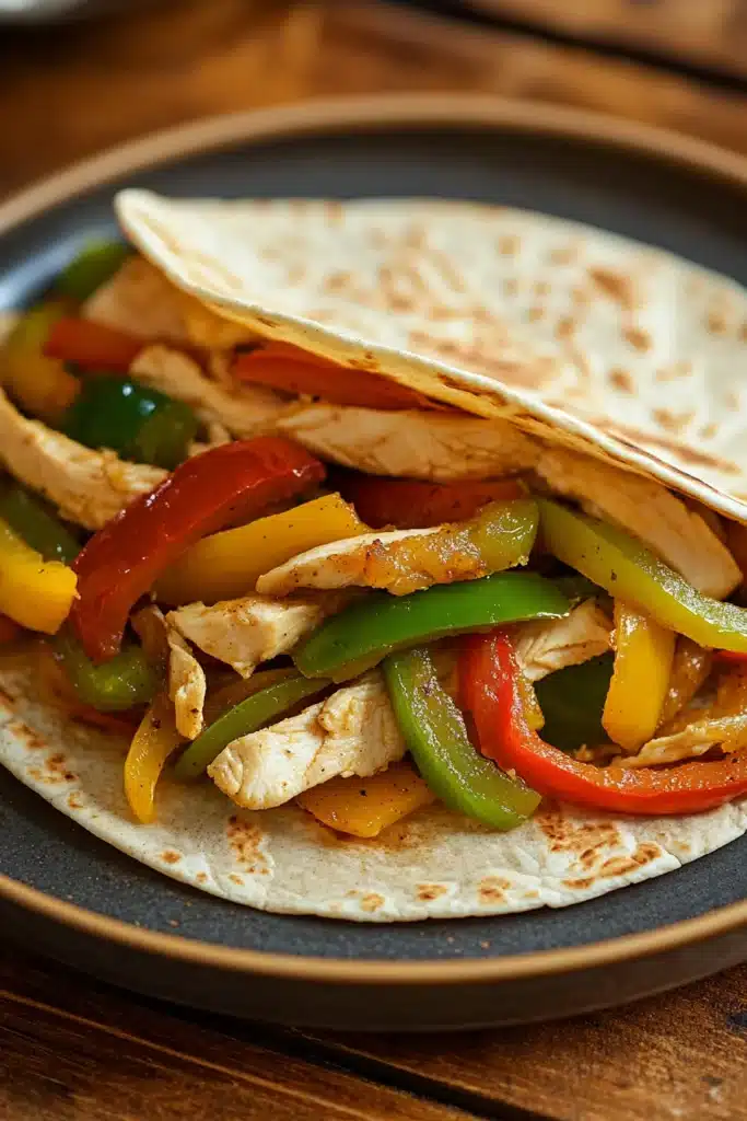 Close-up of low calorie chicken fajita with colorful peppers and onions