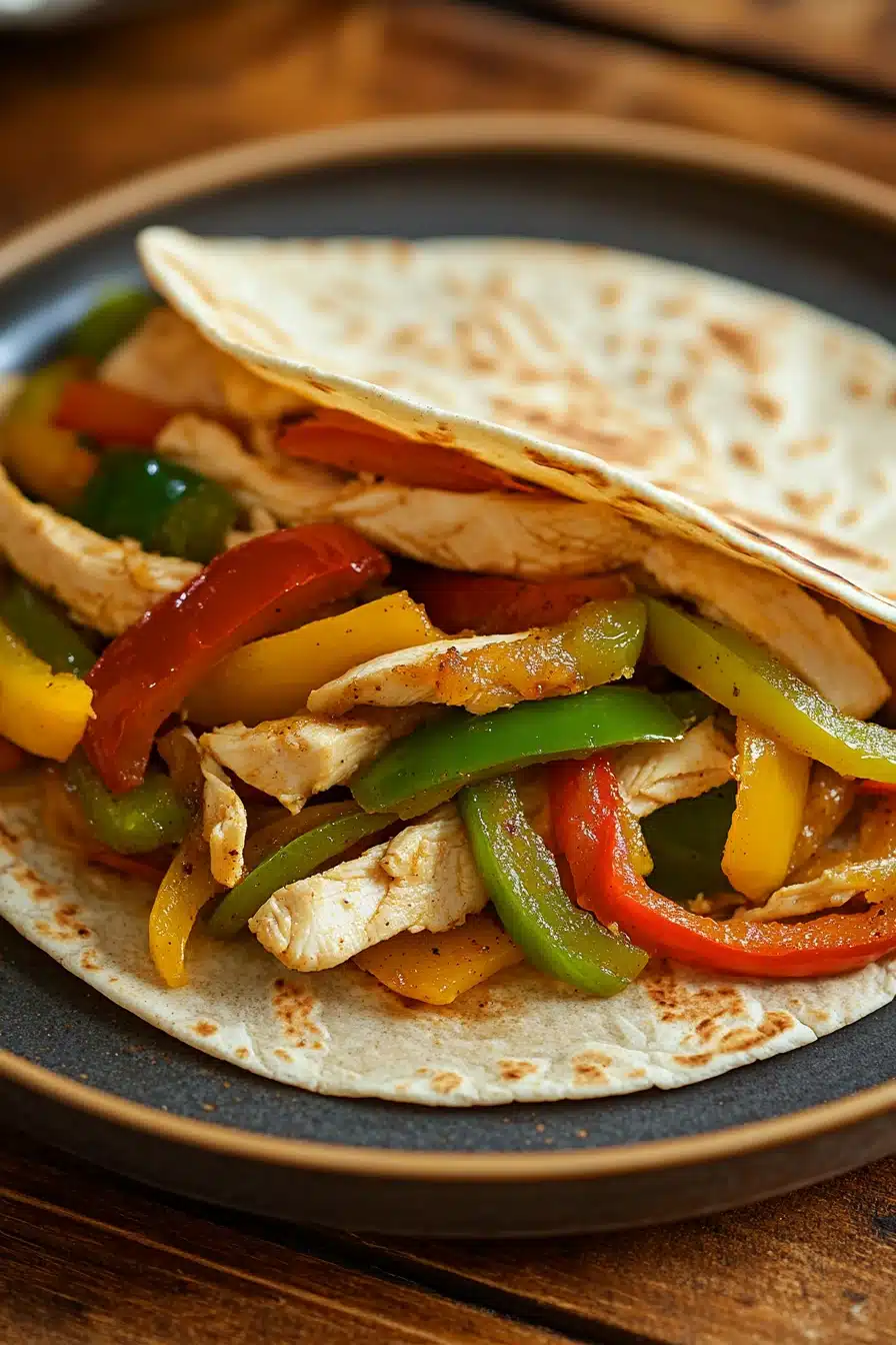Close-up of low calorie chicken fajita with colorful peppers and onions