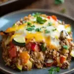 Close-up of a creamy make ahead dinner with ground turkey in a warm, inviting setting.