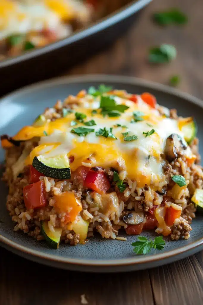 Close-up of a creamy make ahead dinner with ground turkey in a warm, inviting setting.