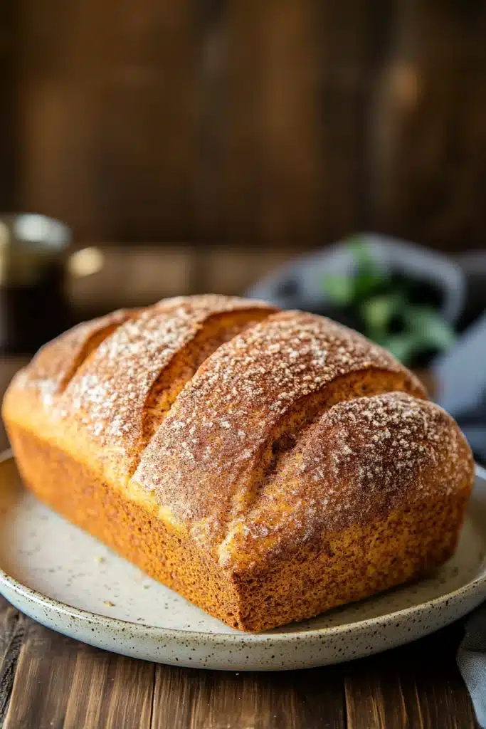 Close-up of freshly baked no knead bread with cinnamon swirls, showcasing a golden crust.