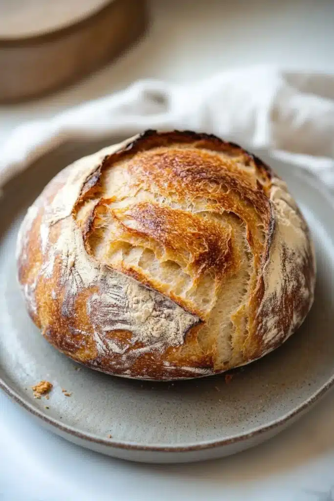 Close-up of a golden-brown no knead bread with a crispy crust on a clean background.