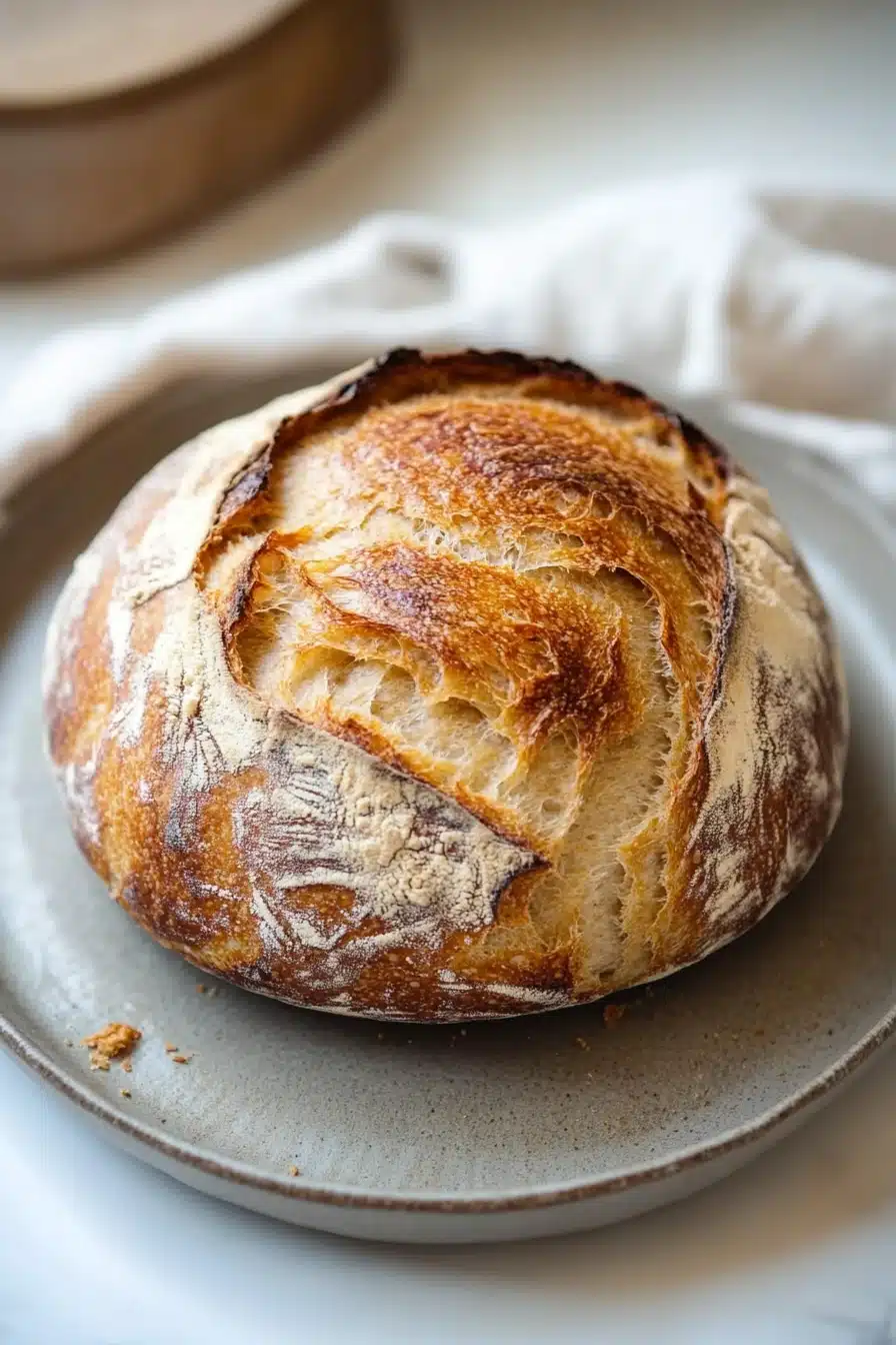 Close-up of a golden-brown no knead bread with a crispy crust on a clean background.